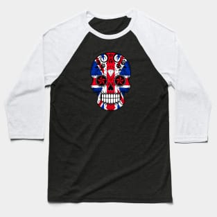 Union Jack British Flag Sugar Skull with Roses Baseball T-Shirt